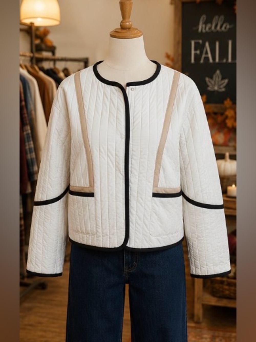 Classic Quilted Ivory Jacket with Black Trim